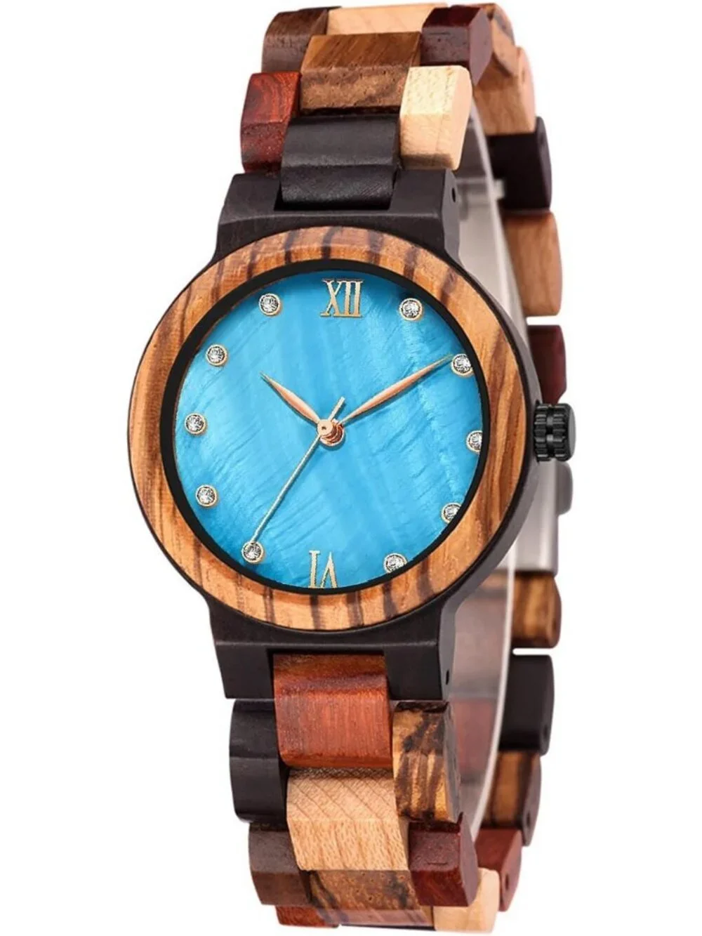 Women's Blue Analog Quartz Couples Colorful Bamboo Classic Design Wooden Watch